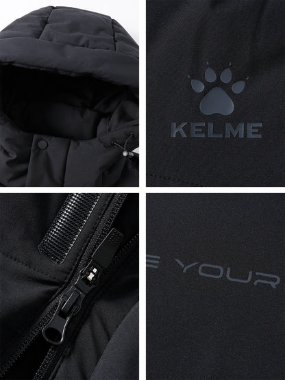 Kelme Men's Winter Windproof Training Jacket With Hooded Down-filled Insulation Outdoor Fleece-lined Thickened Coat