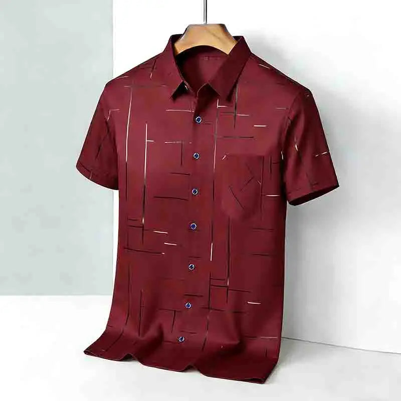 2026 Men's Summer Short Sleeve Shirt Geometric Line Print Business Casual Button-Up with Chest Pocket
