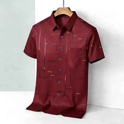 2026 Men's Summer Short Sleeve Shirt Geometric Line Print Business Casual Button-Up with Chest Pocket