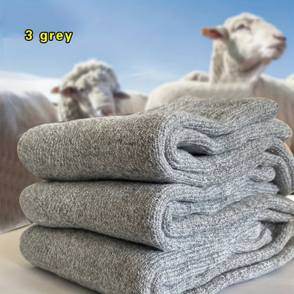3 Pairs Men's Winter Warm Socks, Thick Towel Mid-Calf Socks, Anti-Cold Snow Boots Socks Elastic Solid Color