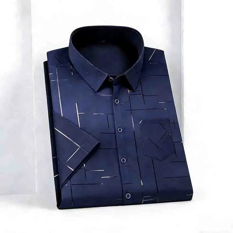 2026 Men's Summer Short Sleeve Shirt Geometric Line Print Business Casual Button-Up with Chest Pocket