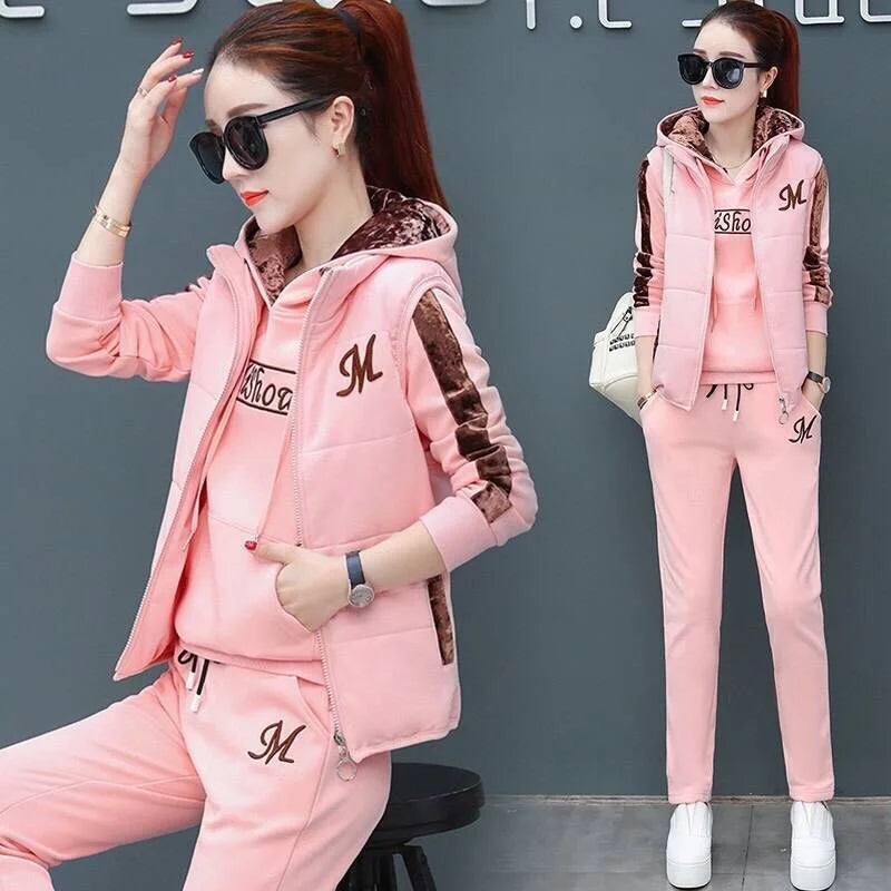 Women's Fashion Plush Thickened Sweat Suit 2025 Autumn Winter New Casual Hooded Tops Waistcoat Pants 3 Three Piece Set For Women