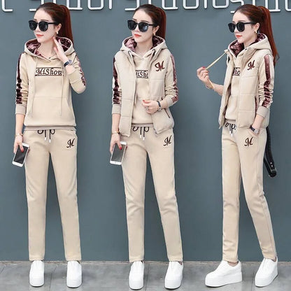 Women's Fashion Plush Thickened Sweat Suit 2025 Autumn Winter New Casual Hooded Tops Waistcoat Pants 3 Three Piece Set For Women