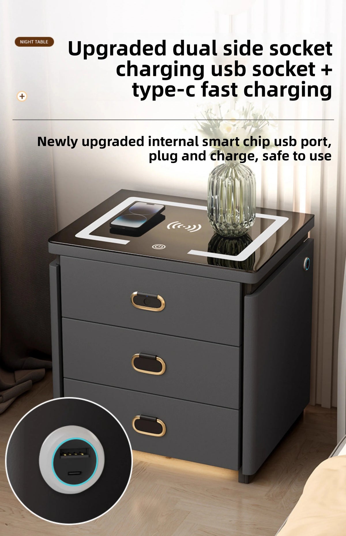 Solid Wood Smart Nightstands Minimalist Bedside Table Wireless Charging Station High-End Bedroom Furniture with Hidden Storage