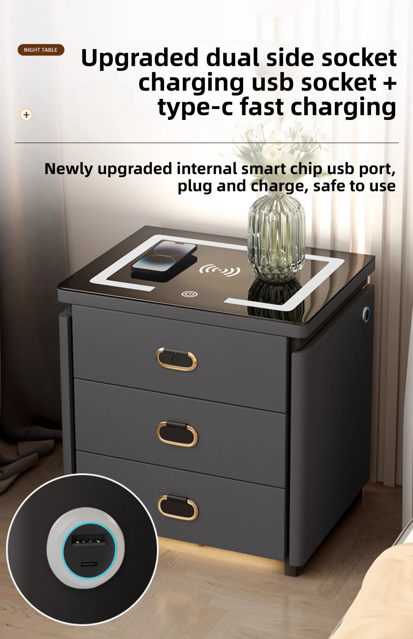 Solid Wood Smart Nightstands Minimalist Bedside Table Wireless Charging Station High-End Bedroom Furniture with Hidden Storage