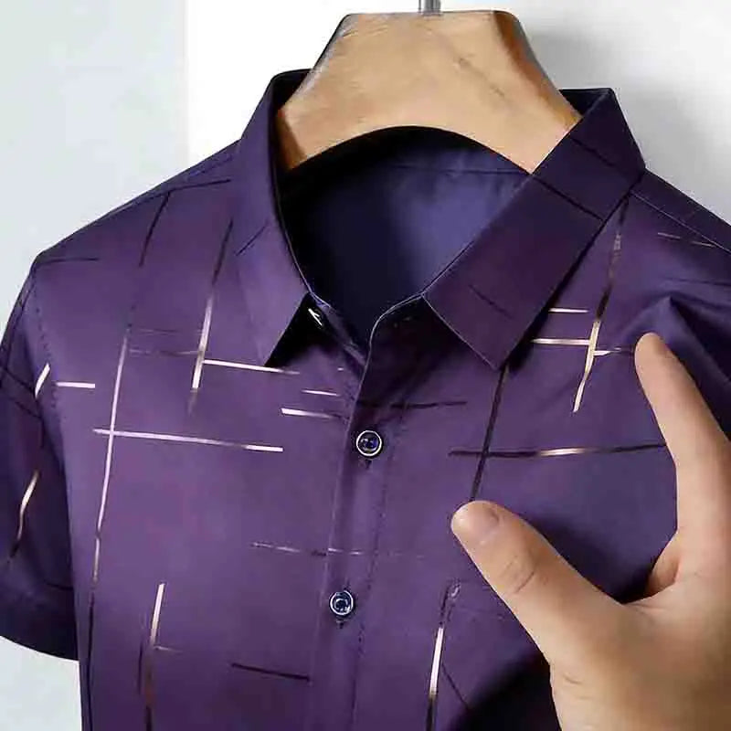 2026 Men's Summer Short Sleeve Shirt Geometric Line Print Business Casual Button-Up with Chest Pocket