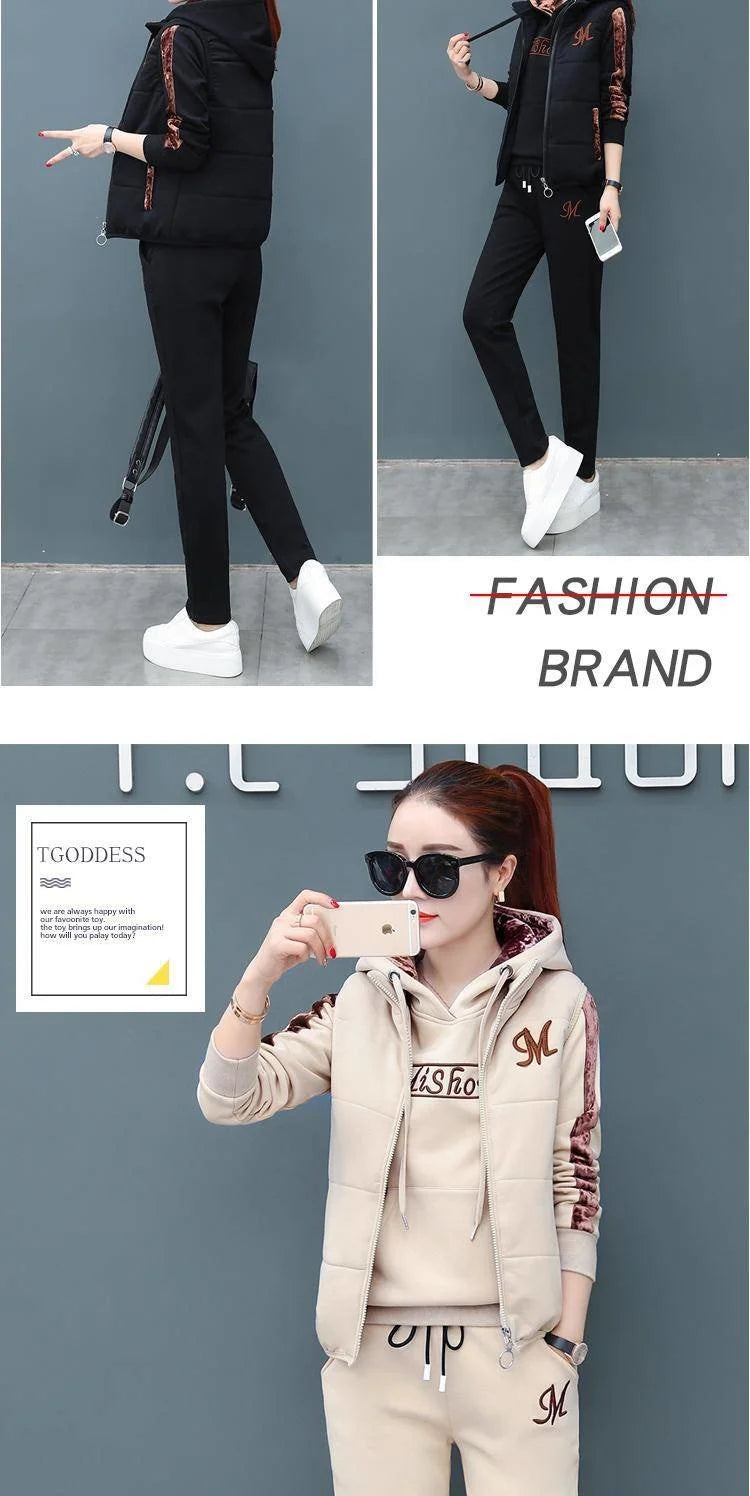 Women's Fashion Plush Thickened Sweat Suit 2025 Autumn Winter New Casual Hooded Tops Waistcoat Pants 3 Three Piece Set For Women