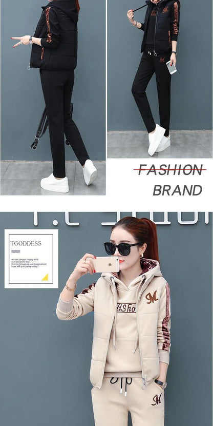 Women's Fashion Plush Thickened Sweat Suit 2025 Autumn Winter New Casual Hooded Tops Waistcoat Pants 3 Three Piece Set For Women