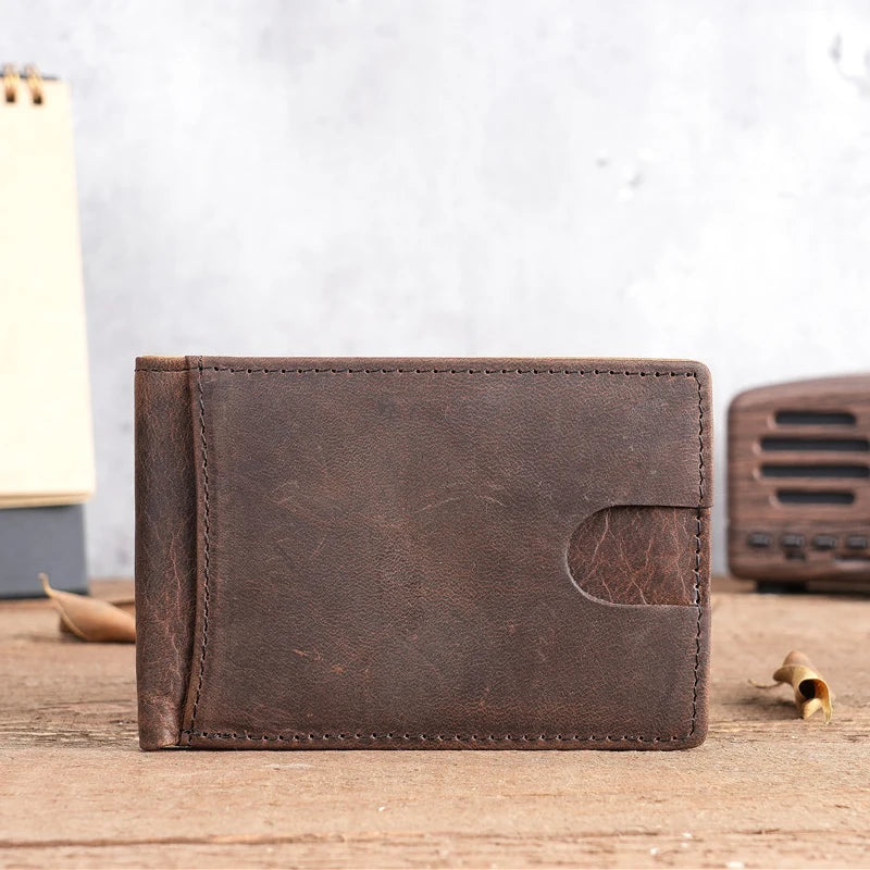 Crazy Horse Leather Men Wallets Retro Handmade Small Purse Top Cow Leather US Dollar Money Clip Bag Minimalist Wallet Portomonee