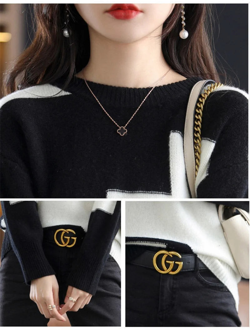 Elegant Color Matching Round Neck Sweater Female Casual Stitching Knitte Pullover Sweater Women Spring Autumn Loose Sweater Lady