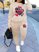 Women's Autumn/Winter Hip Hop Casual Street Fashion Heart Pattern Printed Round Neck Sweatshirt+Sweatpants Warm Set