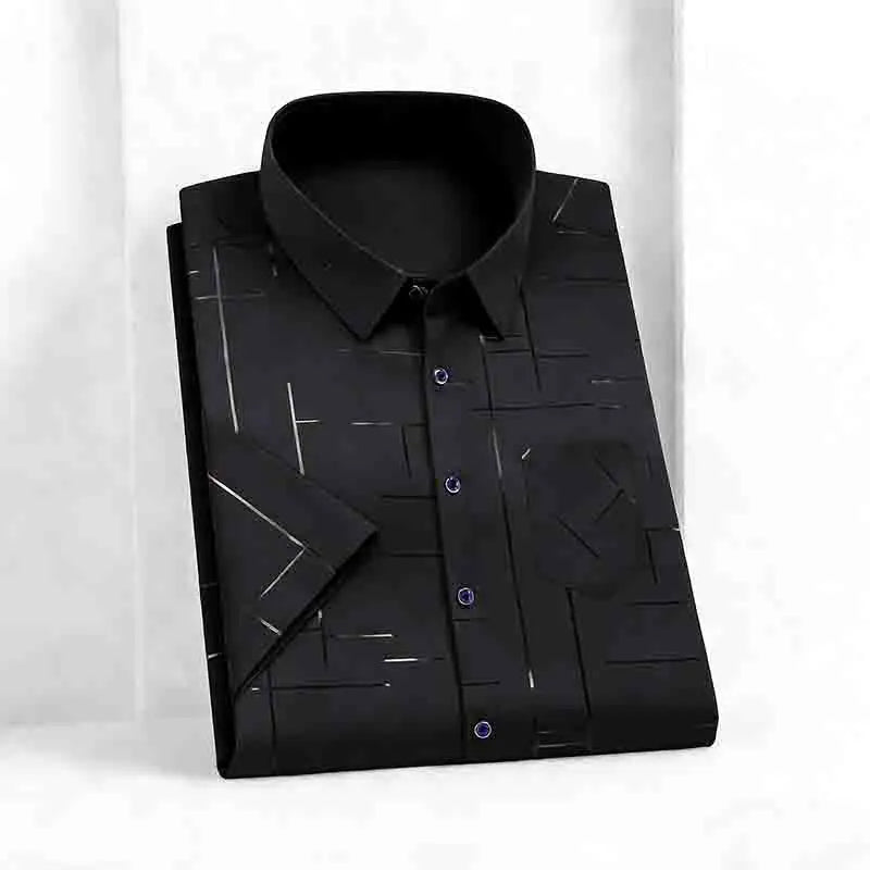 2026 Men's Summer Short Sleeve Shirt Geometric Line Print Business Casual Button-Up with Chest Pocket