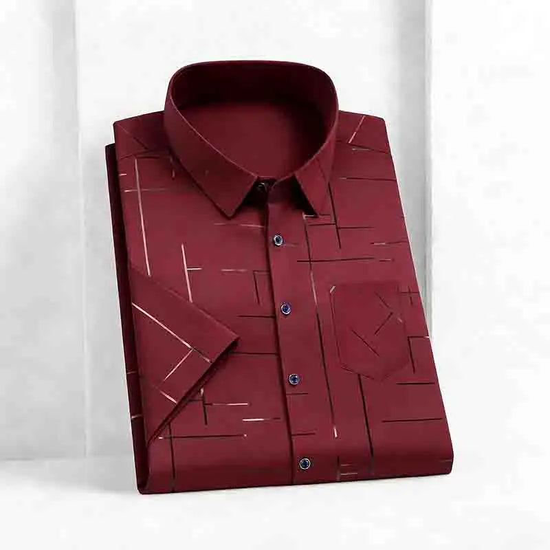 2026 Men's Summer Short Sleeve Shirt Geometric Line Print Business Casual Button-Up with Chest Pocket