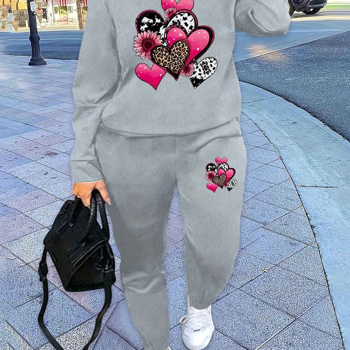 Women's Autumn/Winter Hip Hop Casual Street Fashion Heart Pattern Printed Round Neck Sweatshirt+Sweatpants Warm Set