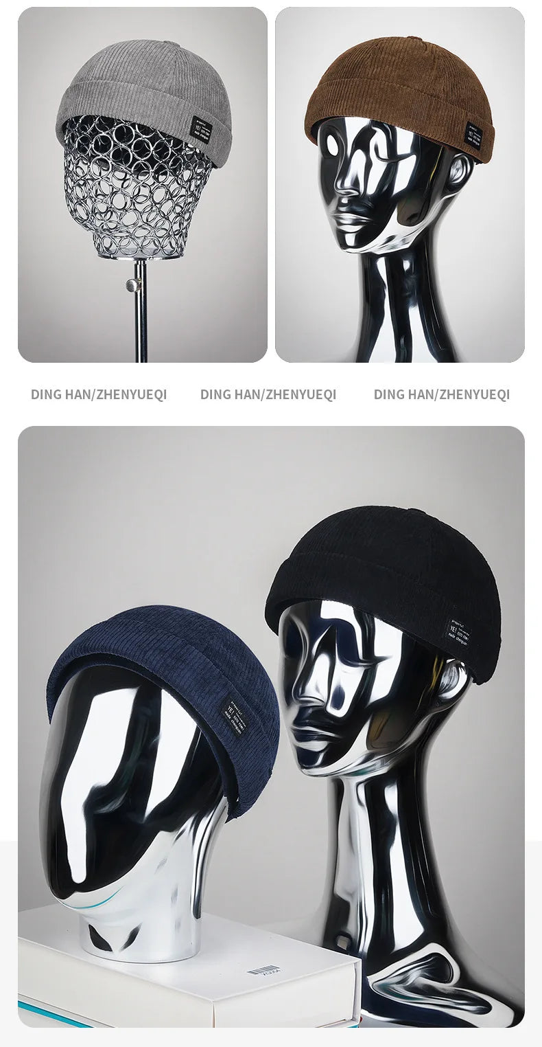 Autumn and winter corduroy brimless casual hat, personalized yuppie hat, men's and women's striped velvet melon skin hat