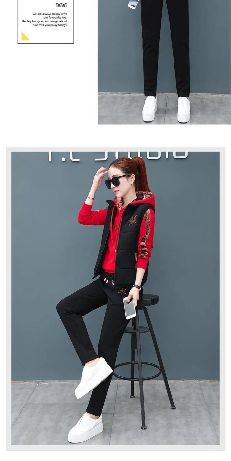 Women's Fashion Plush Thickened Sweat Suit 2025 Autumn Winter New Casual Hooded Tops Waistcoat Pants 3 Three Piece Set For Women