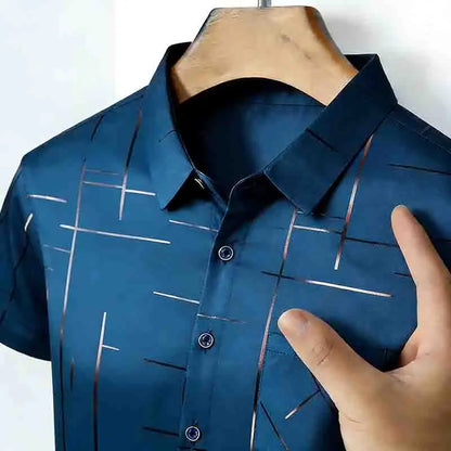 2026 Men's Summer Short Sleeve Shirt Geometric Line Print Business Casual Button-Up with Chest Pocket