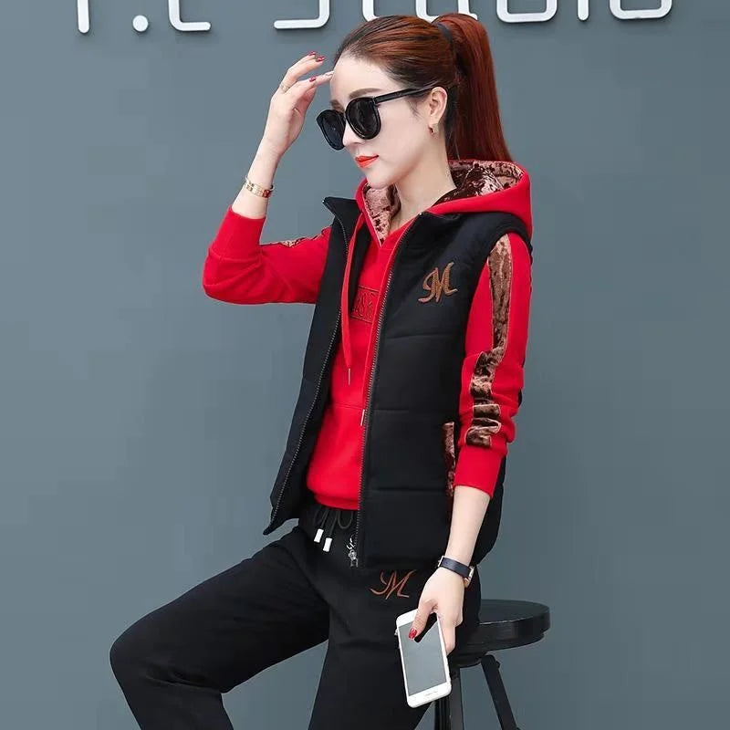 Women's Fashion Plush Thickened Sweat Suit 2025 Autumn Winter New Casual Hooded Tops Waistcoat Pants 3 Three Piece Set For Women
