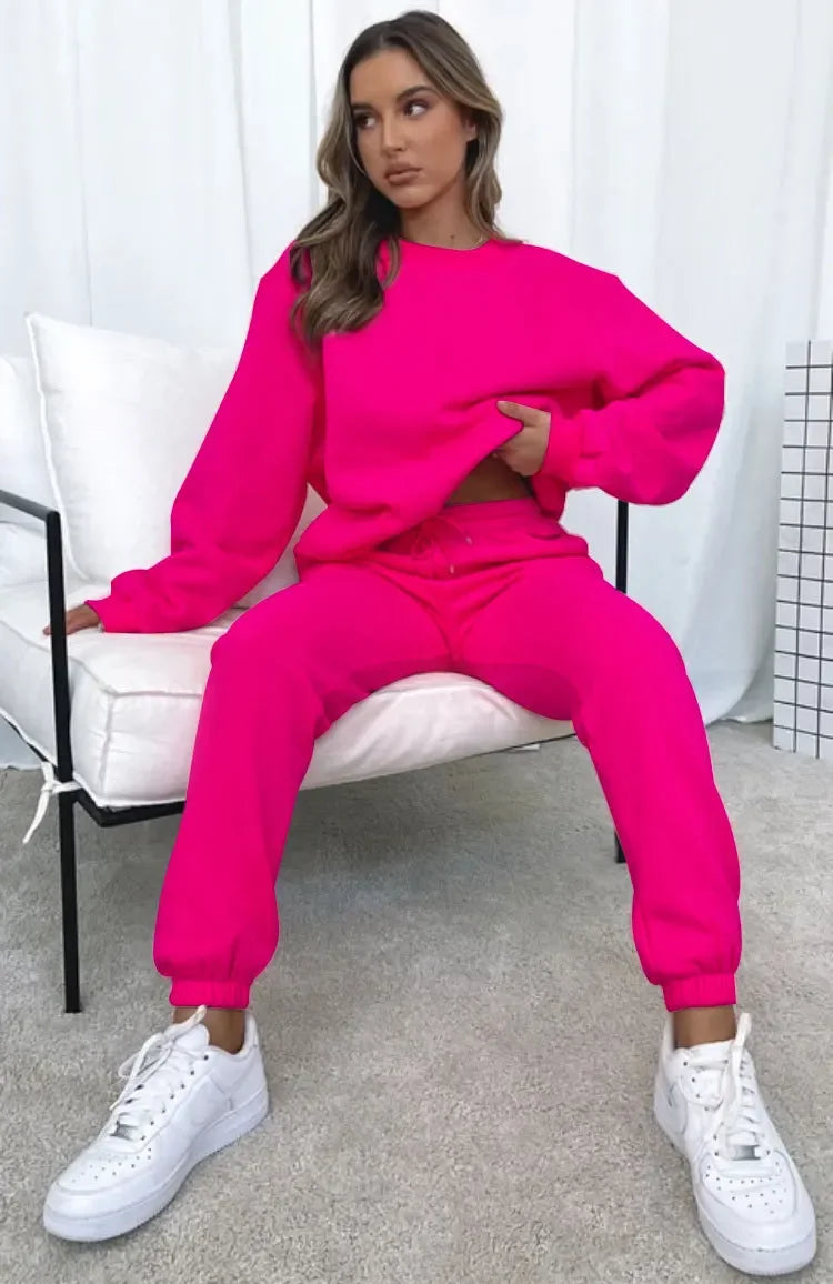 Fashionable Casual Long Sleeve Sweatshirtsuit Women's Clothing Round Neck Pullover Trousers Solid Color Autumn Winter Collection