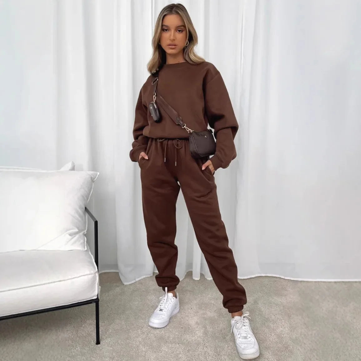 Fashionable Casual Long Sleeve Sweatshirtsuit Women's Clothing Round Neck Pullover Trousers Solid Color Autumn Winter Collection