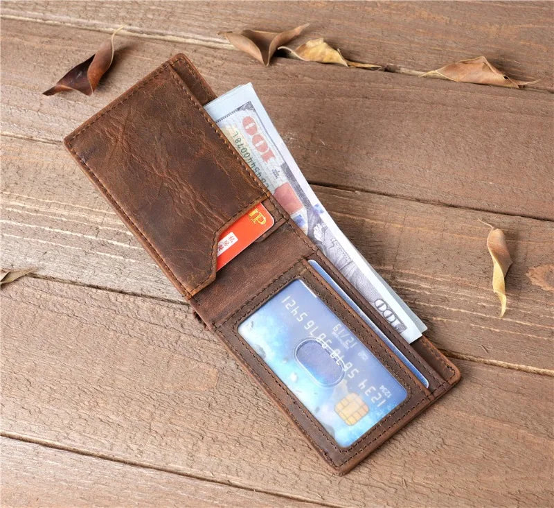 Crazy Horse Leather Men Wallets Retro Handmade Small Purse Top Cow Leather US Dollar Money Clip Bag Minimalist Wallet Portomonee