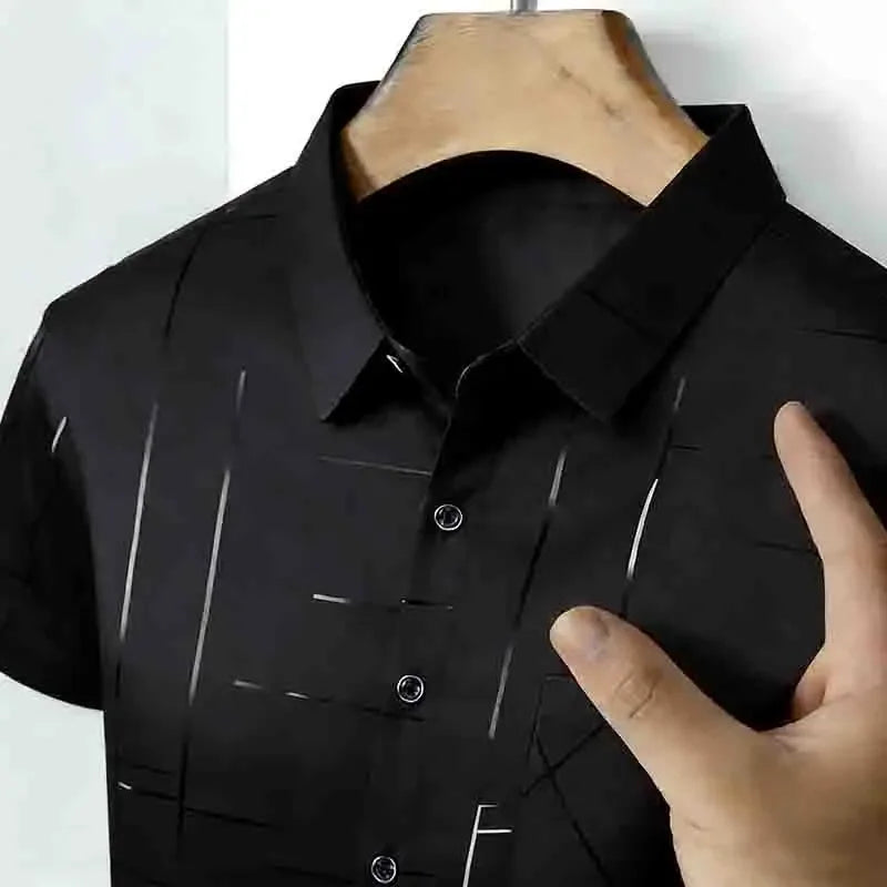 2026 Men's Summer Short Sleeve Shirt Geometric Line Print Business Casual Button-Up with Chest Pocket
