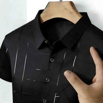 2026 Men's Summer Short Sleeve Shirt Geometric Line Print Business Casual Button-Up with Chest Pocket