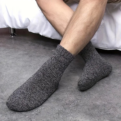 3 Pairs Men's Winter Warm Socks, Thick Towel Mid-Calf Socks, Anti-Cold Snow Boots Socks Elastic Solid Color