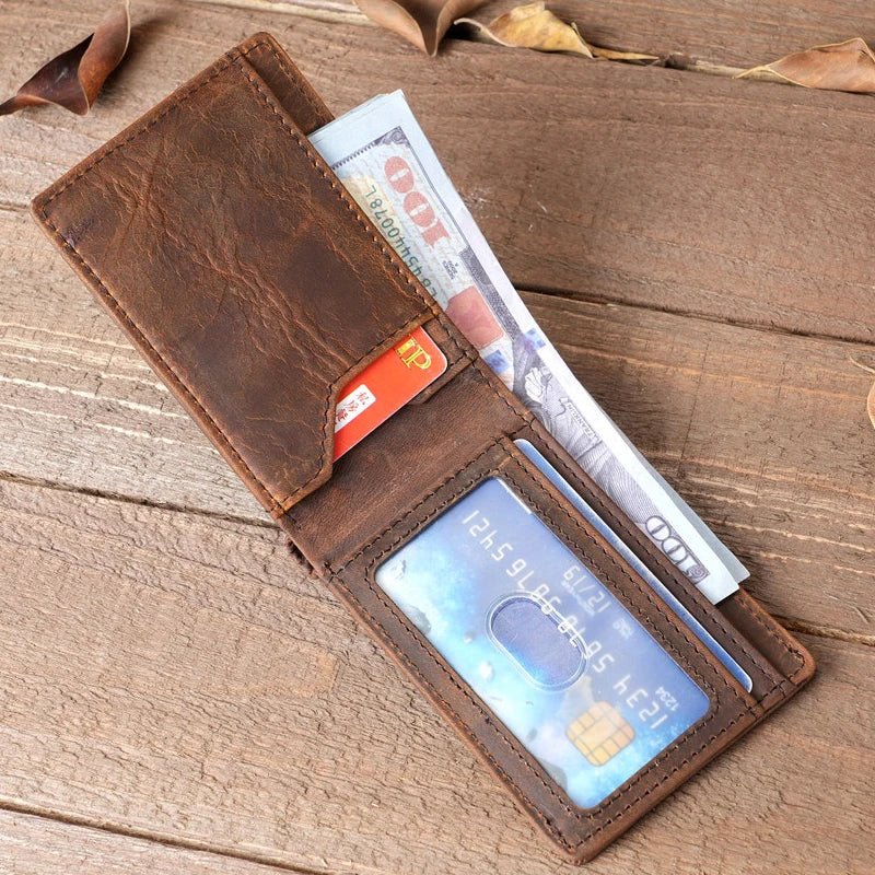 Crazy Horse Leather Men Wallets Retro Handmade Small Purse Top Cow Leather US Dollar Money Clip Bag Minimalist Wallet Portomonee