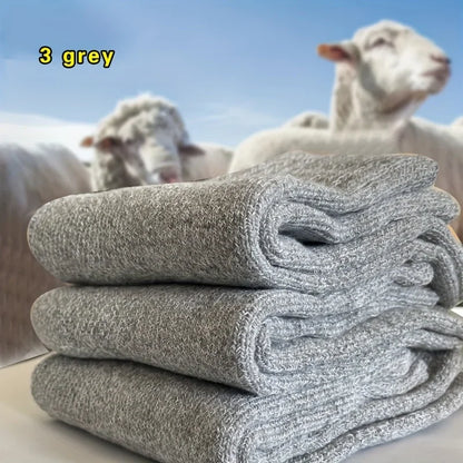 3 Pairs Men's Winter Warm Socks, Thick Towel Mid-Calf Socks, Anti-Cold Snow Boots Socks Elastic Solid Color