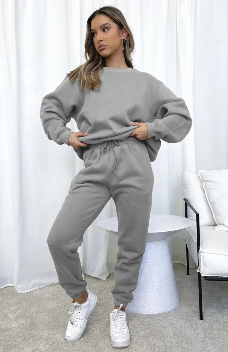 Fashionable Casual Long Sleeve Sweatshirtsuit Women's Clothing Round Neck Pullover Trousers Solid Color Autumn Winter Collection