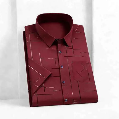 2026 Men's Summer Short Sleeve Shirt Geometric Line Print Business Casual Button-Up with Chest Pocket
