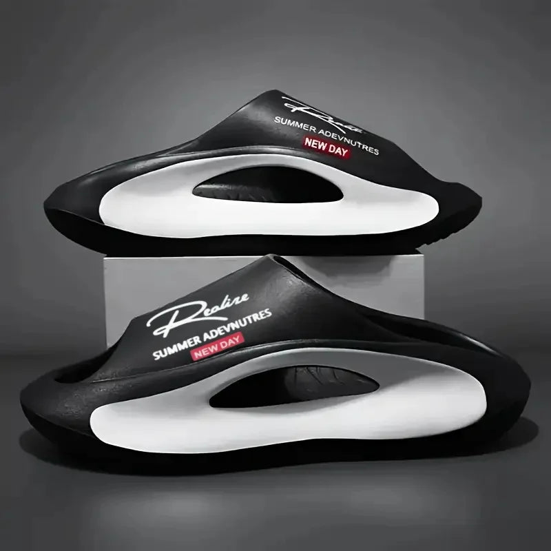 Lightweight EVA men's slide | Black and white cartoon design, exposed toes, comfortable all year round, casual indoor/outdoor us