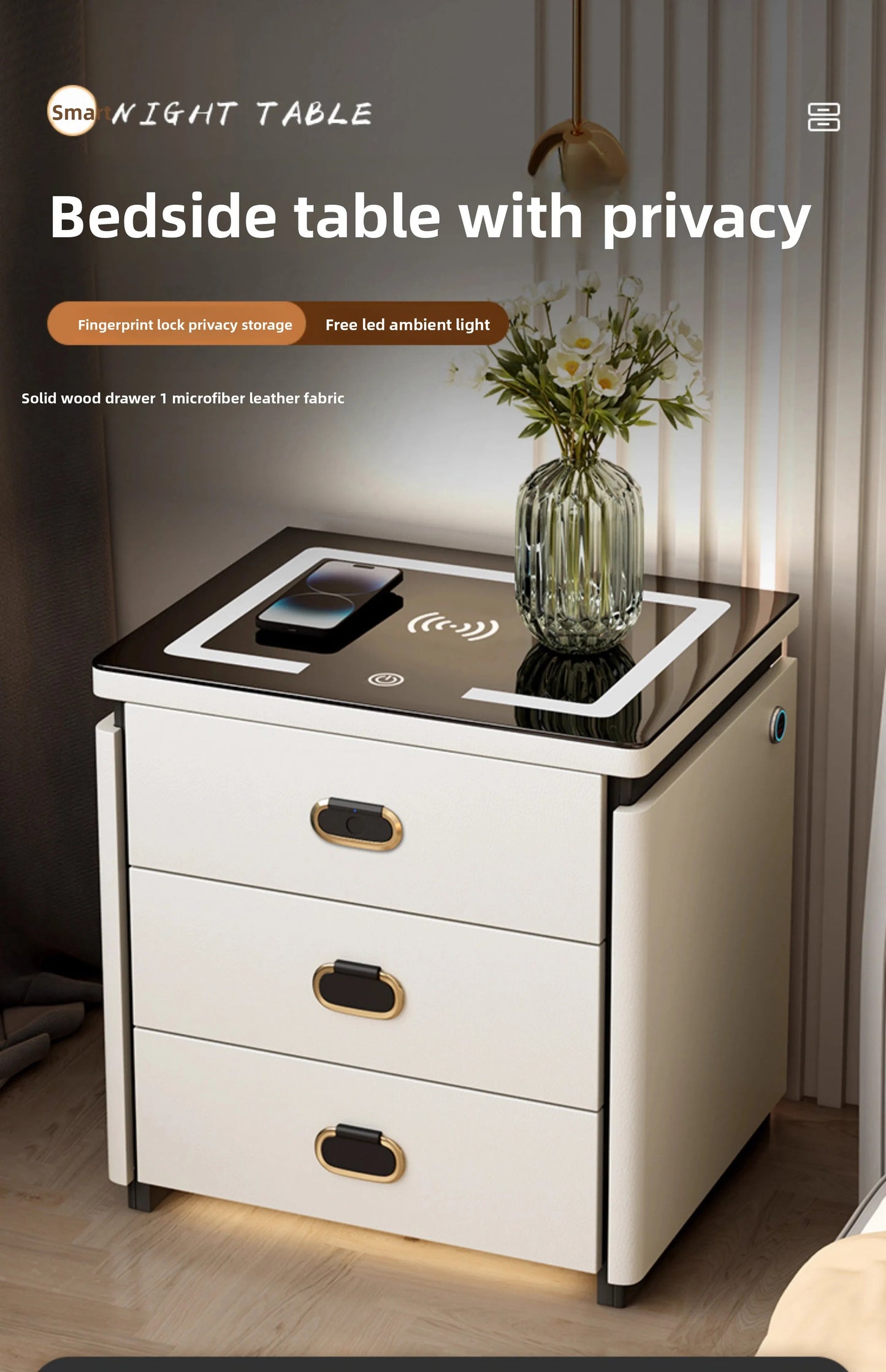 Solid Wood Smart Nightstands Minimalist Bedside Table Wireless Charging Station High-End Bedroom Furniture with Hidden Storage