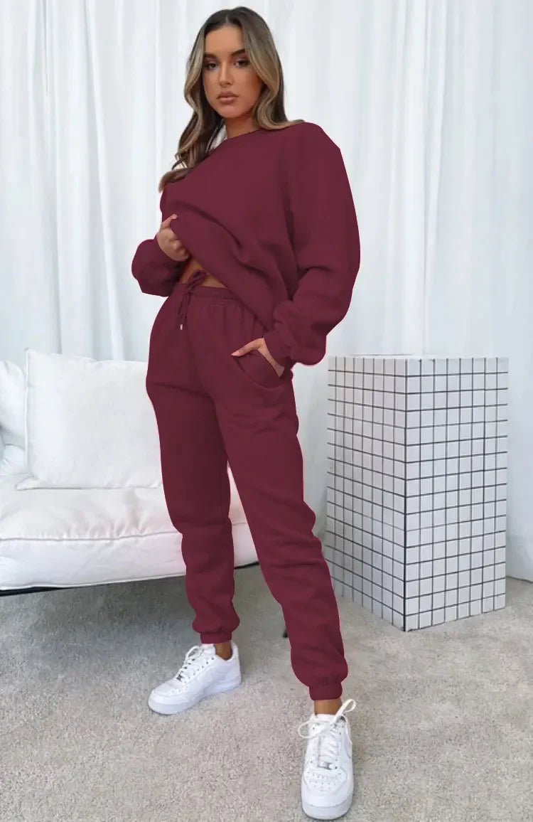 Fashionable Casual Long Sleeve Sweatshirtsuit Women's Clothing Round Neck Pullover Trousers Solid Color Autumn Winter Collection