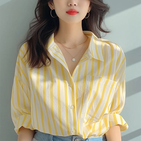 Yellow White Striped Casual Shirt Women Summer Vintage Versatile Contrast Color Single Breasted Tops Chic Turn-Down Collar Shirt
