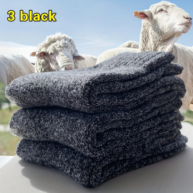3 Pairs Men's Winter Warm Socks, Thick Towel Mid-Calf Socks, Anti-Cold Snow Boots Socks Elastic Solid Color