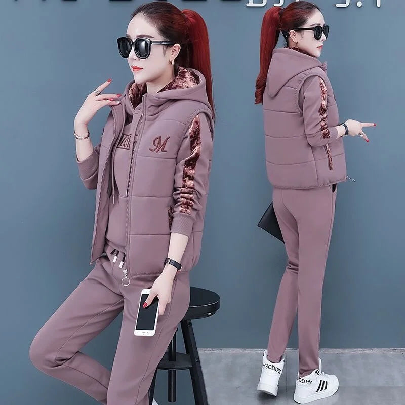 Women's Fashion Plush Thickened Sweat Suit 2025 Autumn Winter New Casual Hooded Tops Waistcoat Pants 3 Three Piece Set For Women