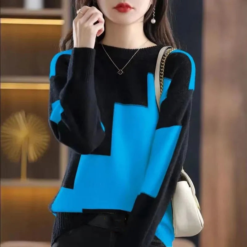 Elegant Color Matching Round Neck Sweater Female Casual Stitching Knitte Pullover Sweater Women Spring Autumn Loose Sweater Lady