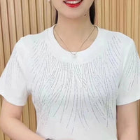 2024 New Summer Korean Edition Minimalist Fashion Casual Loose Short Sleeve Round Neck Printed Diamonds Women's T-shirt Top