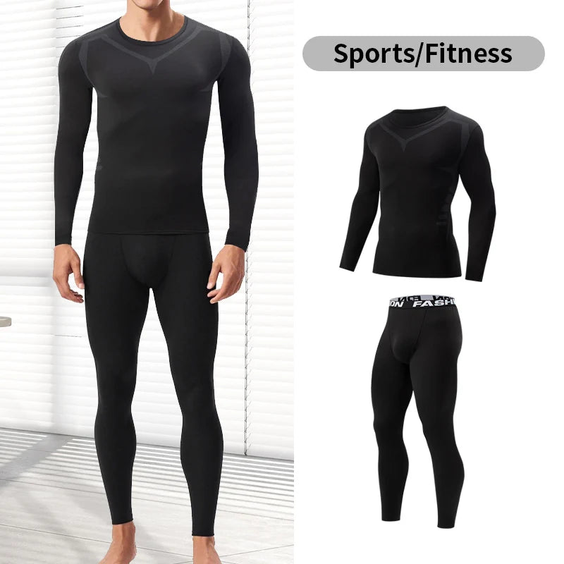 2/4 Pcs Autumn/Winter Men's Black Long sleeved Pants Underwear Set Youth Fitness Running Base Sports Shirt Casual Stretch Pants
