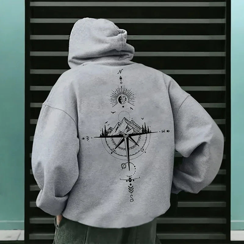 Compass Print Men Women Pullover Hoodie Outdoor Street Casual Fashion Trend Sport Loose Autumn Winter Warm Sweatshirt Clothing