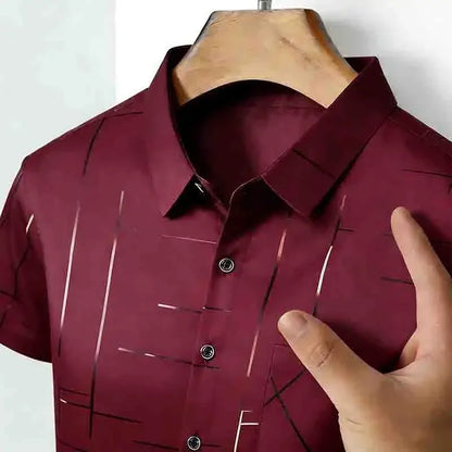 2026 Men's Summer Short Sleeve Shirt Geometric Line Print Business Casual Button-Up with Chest Pocket