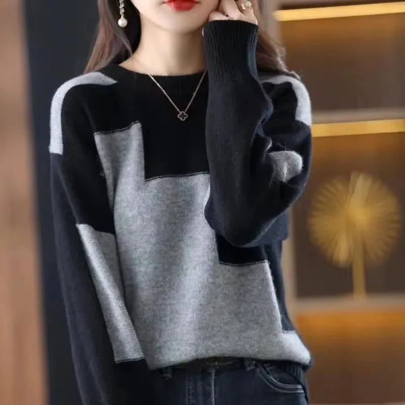 Elegant Color Matching Round Neck Sweater Female Casual Stitching Knitte Pullover Sweater Women Spring Autumn Loose Sweater Lady