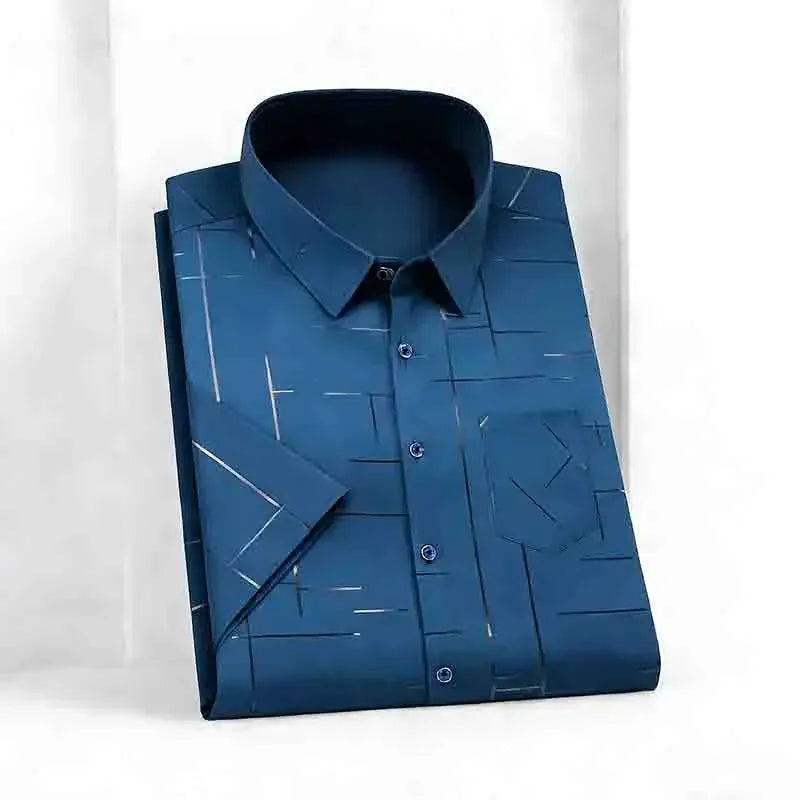 2026 Men's Summer Short Sleeve Shirt Geometric Line Print Business Casual Button-Up with Chest Pocket