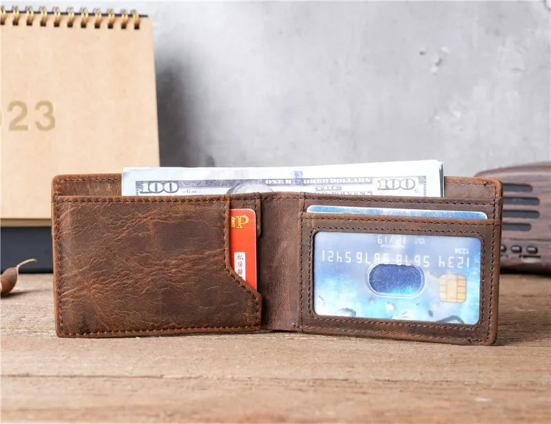 Crazy Horse Leather Men Wallets Retro Handmade Small Purse Top Cow Leather US Dollar Money Clip Bag Minimalist Wallet Portomonee