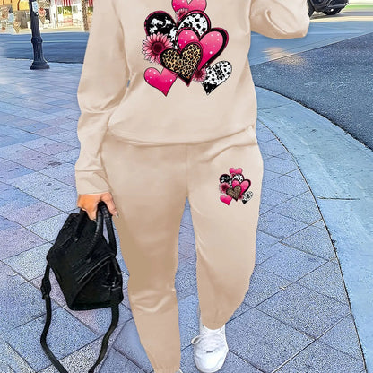 Women's Autumn/Winter Hip Hop Casual Street Fashion Heart Pattern Printed Round Neck Sweatshirt+Sweatpants Warm Set