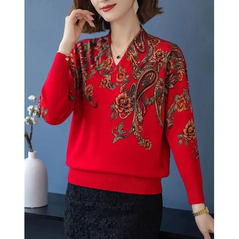 Autumn Winter New Middle-aged Elderly Mother's Pullover Sweater Women's Loose Long Sleeve Casual Fashion Sweater Female Jumper