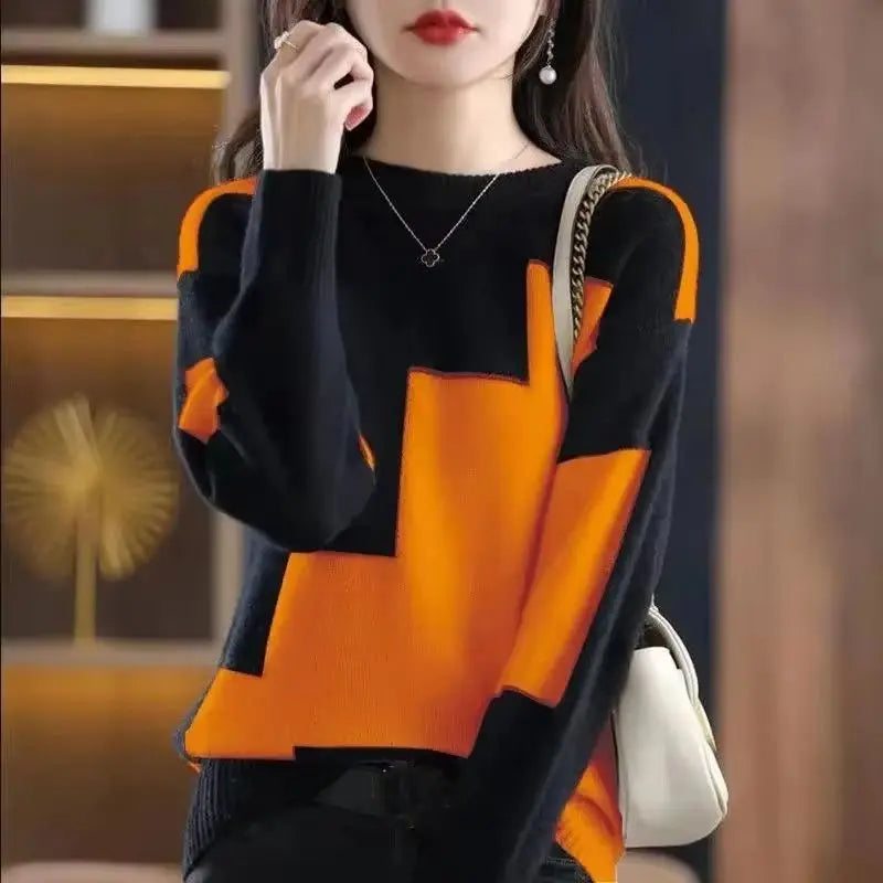 Elegant Color Matching Round Neck Sweater Female Casual Stitching Knitte Pullover Sweater Women Spring Autumn Loose Sweater Lady