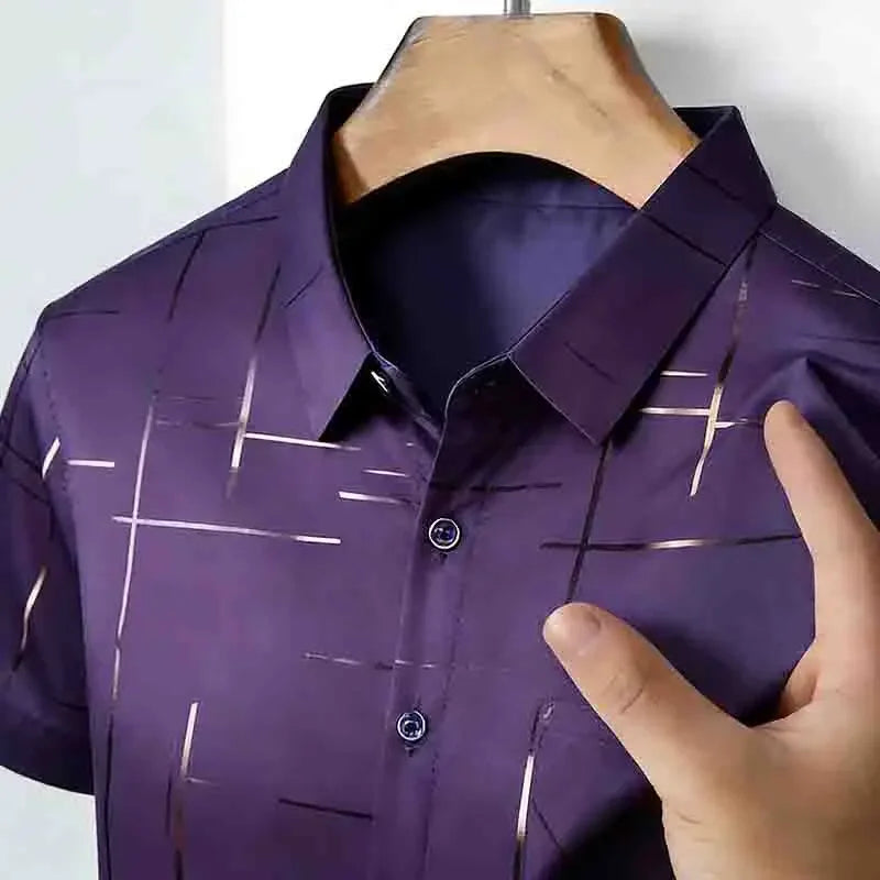 2026 Men's Summer Short Sleeve Shirt Geometric Line Print Business Casual Button-Up with Chest Pocket
